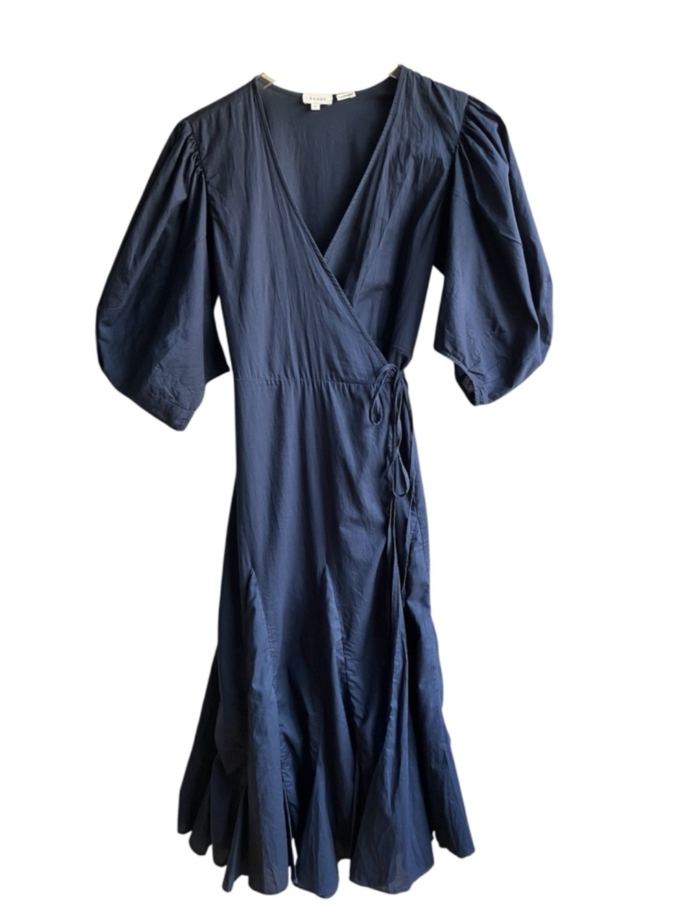 RHODE Fiona Navy Puff Sleeve Wrap Midi Dress Size S Ruffled Cotton Poplin Resort